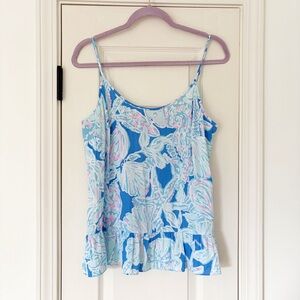 Lilly Pulitzer Coral Top in Bay Blue Into the Deep Flounce Camisole medium